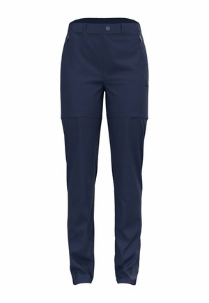 Navy blue lightweight trousers with a straight fit, zippered side pockets, and a button closure. Made from smooth, durable fabric.