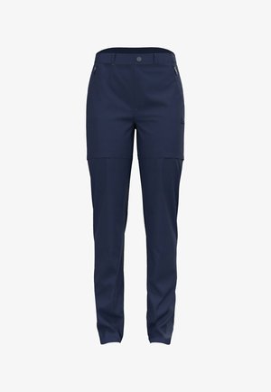 Navy blue lightweight trousers with a straight fit, zippered side pockets, and a button closure. Made from smooth, durable fabric.