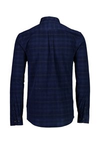 Donkerblauwe langwandige shirt met een geruit patroon, geknoopte kraag en manchet mouwen. De stof heeft een gestructureerde afwerking.