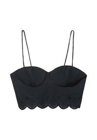 Černý zkrácený bustier top s nastavitelnými tenkými ramínky, se zvlněným krajkovým lemem a výřezovými detaily podél dolního okraje.