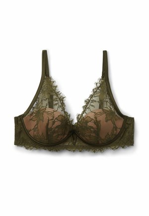 Olivengroene kant-bh met mesh-details, bloemmotieven, onderdraadondersteuning en verstelbare bandjes. Zachte cups met lichte padding.