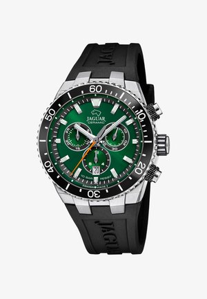Reloj de cerámica Jaguar con esfera verde, caja de acero inoxidable plateado, correa de goma negra y funciones de cronógrafo. Resistente al agua hasta 10 bares.