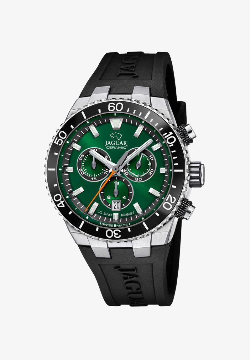 „Jaguar“ keramika laikrodis su žaliu ciferblatu, sidabriniu nerūdijančio plieno korpusu, juodu guminiu dirželiu ir chronografo funkcijomis. Atsparus vandeniui iki 10 barų.