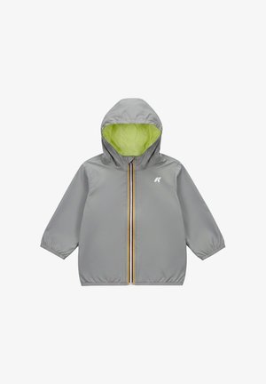 Giacca per bambini con cappuccio grigio chiaro, fodera interna verde neon e cerniera centrale con strisce gialle e nere.