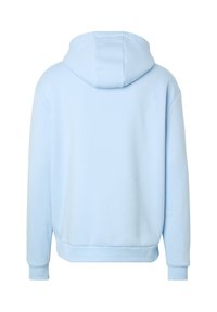 Sweatshirt à capuche bleu clair avec manches longues, poignets et ourlet côtelés, présenté de dos sur un fond blanc.