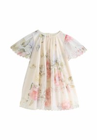 Floral Kleid aus durchscheinendem, leichtem Stoff. Hat einen runden Halsausschnitt, kurze, flatternde Ärmel und einen gewellten Saum. Überwiegend in hellem Creme mit rosa und grünen Blumenmustern.
