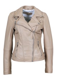 Béžová kožená motocyklová bunda s přiléhavým střihem, asymetrickým zipem, zipovými kapsami a dekorativním prošíváním na rukávech.