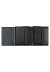 Black leather wallet, interior features a textured black section and a blue card pocket, multiple card slots, and a smooth finish.