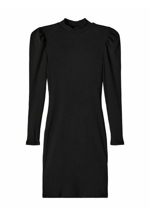 Robe en maille côtelée noire avec manches longues bouffantes et col montant, silhouette ajustée, longueur genou.