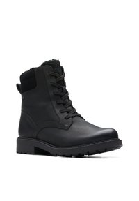 Black leather ankle boot with lace closure, textured upper, and a soft, fuzzy lining. Features a sturdy rubber sole and understated design.