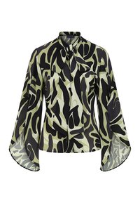 Blusa verde e nera con motivo, maniche a campana, dettaglio con nodo al collo, e un tessuto leggero e testurizzato.