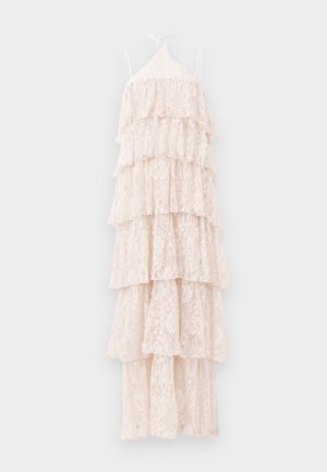 Kanten jurk in zachtroze met een gelaagd ontwerp, met meerdere ruffles, dunne bandjes en een halternek. Getextureerd bloemmotief.
