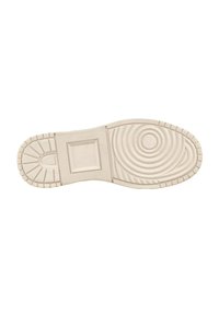 Suela de zapatilla de goma, color beige claro, superficie texturizada con patrones circulares y rectangulares, secciones de agarre elevadas y detalle del logo.