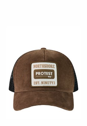 Brown corduroy and black mesh baseball cap with patch reading "NORTHSHORE PROTEST EST. NINETY3" on front panel.