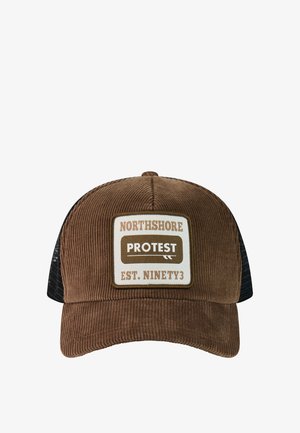 Brown corduroy and black mesh baseball cap with patch reading "NORTHSHORE PROTEST EST. NINETY3" on front panel.