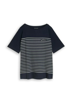 Navy blue short-sleeve shirt with white horizontal stripes across the front and "good times" text on the upper left side.