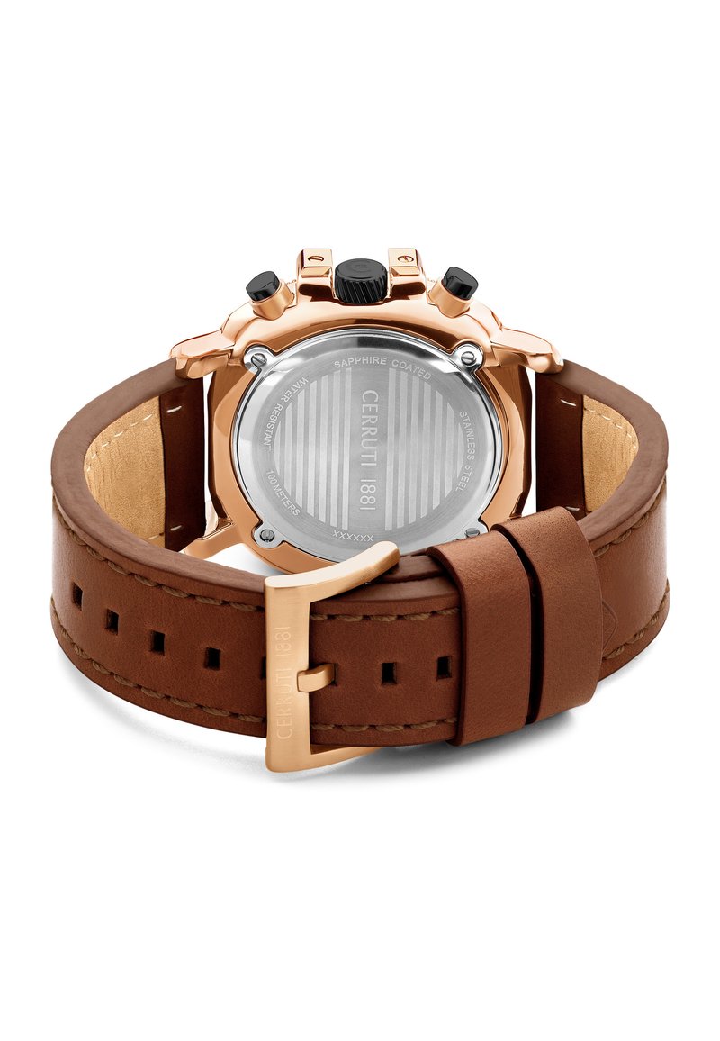 Bracelet de montre en cuir marron avec un boîtier en or, boutons-poussoirs noirs et un fond en verre saphir avec des détails gravés.