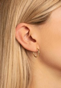 Un pendiente de aro dorado cuelga de una oreja perforada. El pendiente es circular, delgado y brillante, contrastando con la piel suave y clara y el cabello rubio.