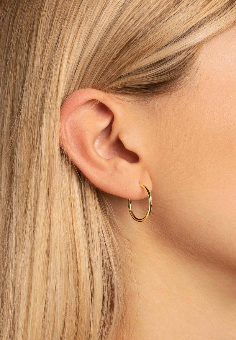 Un pendiente de aro dorado cuelga de una oreja perforada. El pendiente es circular, delgado y brillante, contrastando con la piel suave y clara y el cabello rubio.