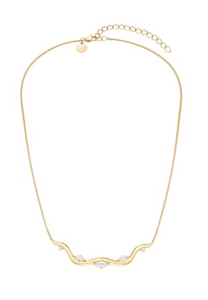 Delicado collar de cadena dorada con una barra ondulada de oro que presenta cinco piedras preciosas claras talladas en marquesa y redondo.