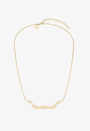 Collier fin en chaîne dorée avec une barre ondulée en or comportant cinq pierres précieuses claires taillées en marquise et rondes.