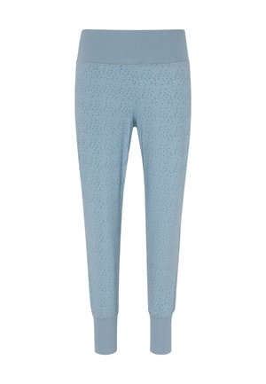 Hellblaue, dehnbare Baumwoll-Jogginghosen mit strukturiertem Muster, geripptem Bund und Bündchen, schmal zulaufendem Bein und knöchellangem Design.