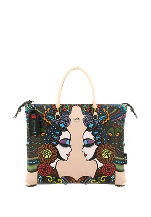 Borsa con manici beige con illustrazione colorata e simmetrica di due volti di donna con motivi floreali e astratti.