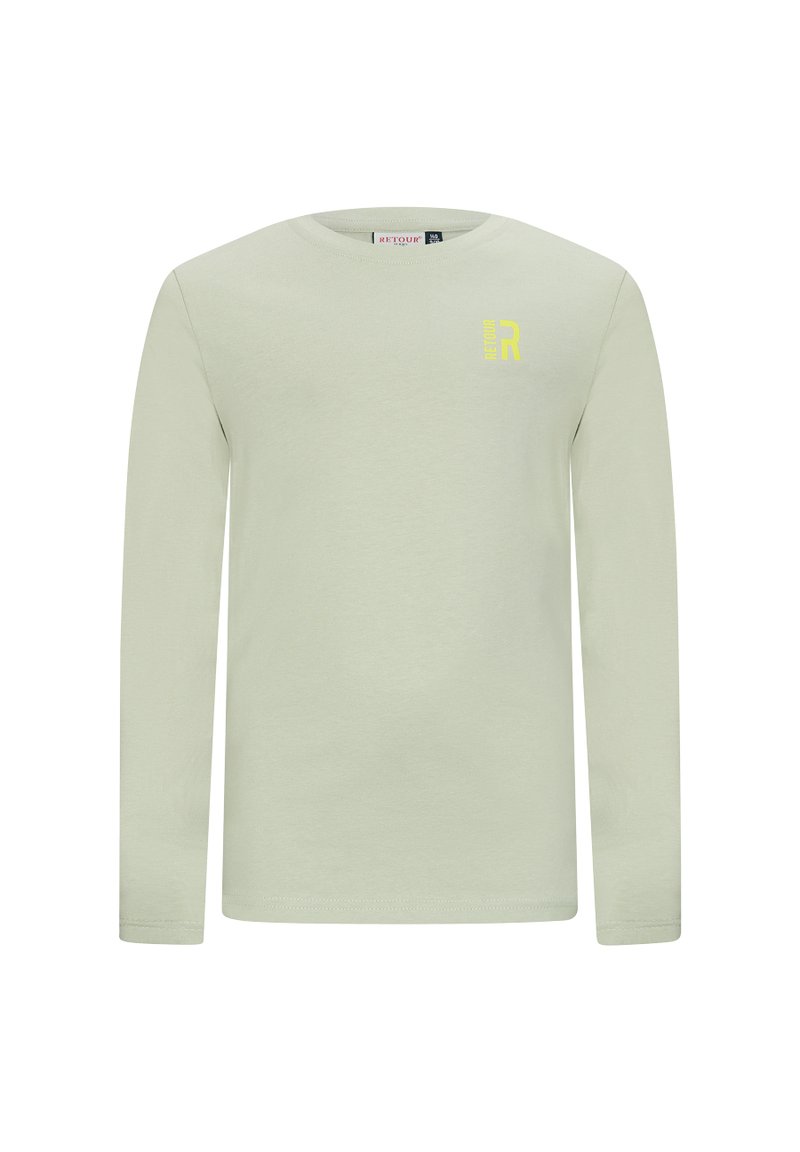 Camicia a maniche lunghe di colore verde chiaro in cotone morbido. Presenta un piccolo logo giallo sul lato sinistro del petto e un collo a giro. Design semplice.