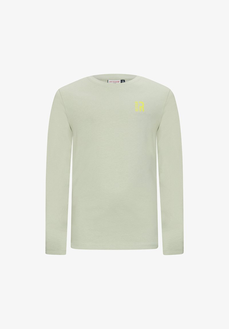 Camicia a maniche lunghe di colore verde chiaro in cotone morbido. Presenta un piccolo logo giallo sul lato sinistro del petto e un collo a giro. Design semplice.