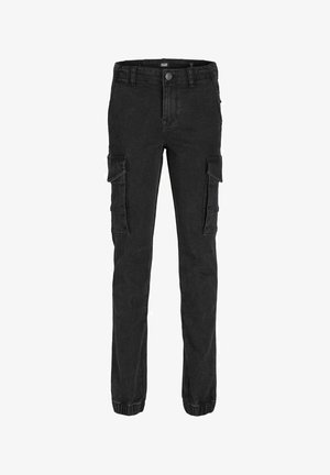 Fekete cargo nadrág tartós anyagból, oldalsó zsebekkel, tapered bokákkal rugalmas pántokkal, valamint klasszikus gombos zárással.