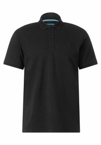 Black polo shirt made of cotton, featuring a classic collar, short sleeves, and a subtle logo on the left chest. Textured fabric.