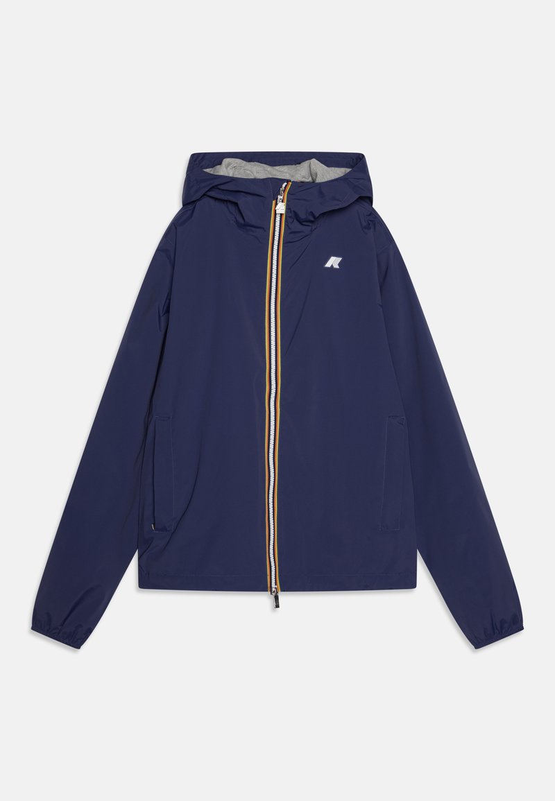 Giacca leggera blu navy con cappuccio, dotata di un interno grigio, cerniera di contrasto gialla e bianca e due tasche laterali.