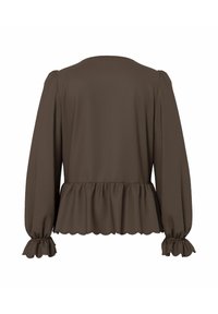 Blouse marron à manches longues avec ourlet et poignets volantés froncés, comprenant un détail bordé en forme d'ondulations en bas et aux extrémités des manches.