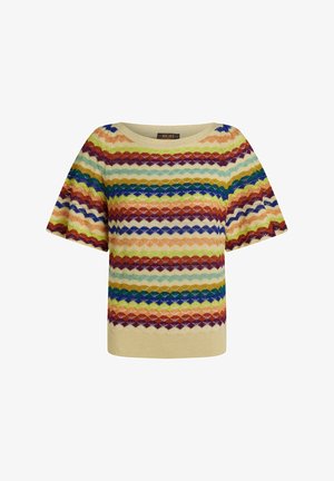 Maglione a maniche corte con base crema e strisce zigzag multicolori. Caratterizzato da un morbido tessuto a maglia testurizzata e da un ampio scollo.