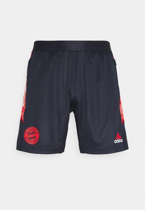 Pantaloncini del FC Bayern Monaco realizzati in tessuto a rete blu scuro, con dettagli rossi, logo ricamato e vita elasticizzata nera.