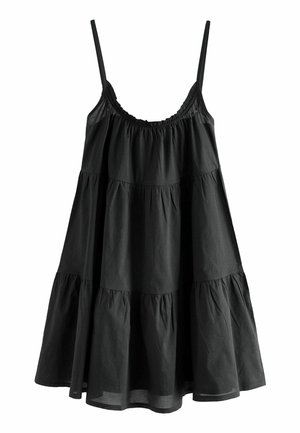 Black sleeveless tiered summer dress with thin shoulder straps and a gathered neckline.