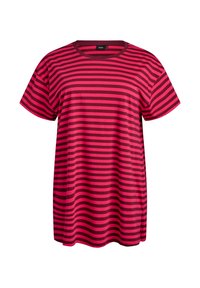 Red and black striped T-shirt with a round neckline and short sleeves. Made of cotton, featuring a relaxed fit and soft texture.