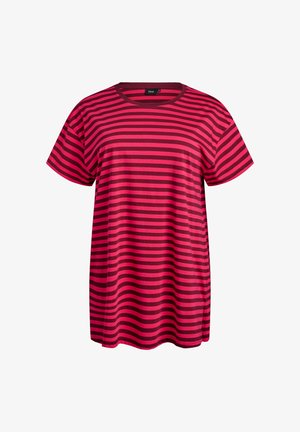 Röd- och svartrandig T-shirt med rund halsringning och korta ärmar. Tillverkad av bomull, med en avslappnad passform och mjuk textur.