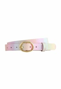 Ceinture en cuir irisé aux douces teintes pastel, avec une finition texturée, une boucle ovale en métal doré et cinq trous pour ajustement.