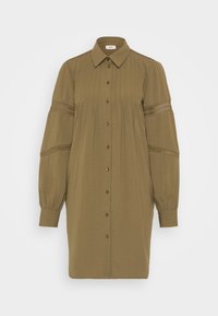 Olive green button-up dress made of lightweight fabric, featuring pleats, a collar, and puffed sleeves with lace accents.