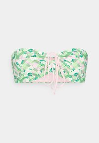 Grønn og rosa bandeau-bikini topp med blomstermønster og kryssmønster, med justerbare knytninger foran for en sikker passform.