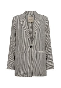 Randig kavaj i svart och vitt tyg, med slagkrage, två framfickor och enknappsstängning.