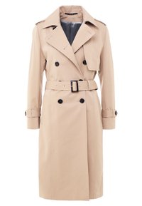 Trench coat beige con design doppiopetto, bottoni neri, cintura in vita e colletto classico. Tessuto liscio e maniche lunghe.