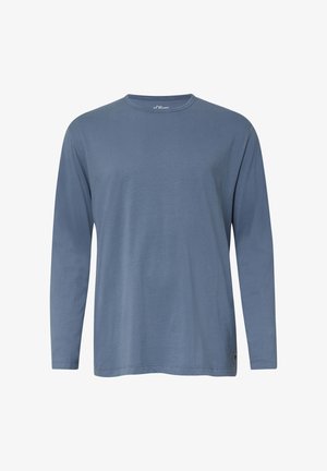 Langarmshirt gemaakt van zachte, lichtblauwe stof. Ronde halslijn, rechte snit en stikdetail rondom de zoom en mouwen. Merkenlogo aan de onderkant.