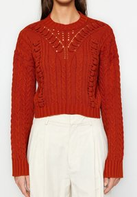 Pull en maille torsadée couleur rouille avec motifs complexes, porté avec un pantalon plissé taille haute, écru, coupé à la taille.