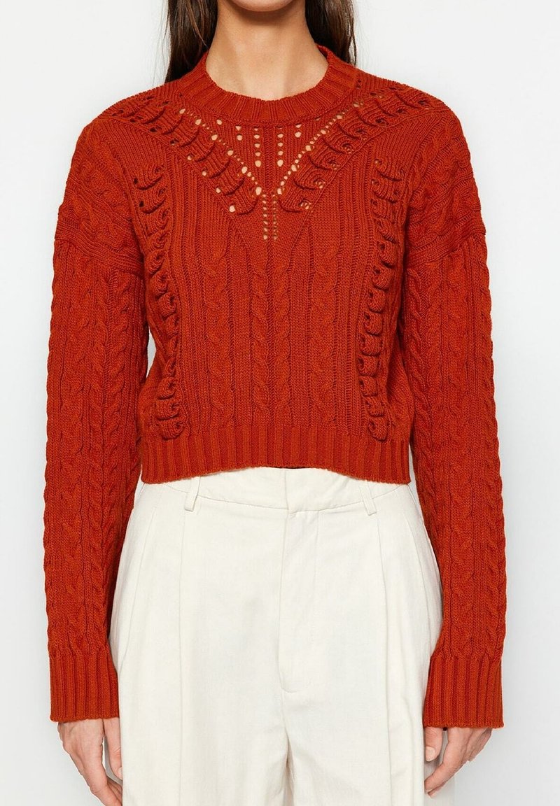 Pull en maille torsadée couleur rouille avec motifs complexes, porté avec un pantalon plissé taille haute, écru, coupé à la taille.