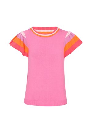 Roze gebreide top met korte, kleurrijke gestreepte ruffle mouwen. De ronde halslijn heeft contrasterende strepen in oranje, roze en wit.