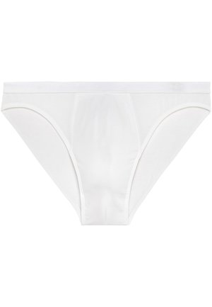 Witte katoenen slip met een gladde textuur, elastische tailleband en klassieke snit. Geen zichtbare patronen of extra hardware. Eenvoudig en functioneel ontwerp.