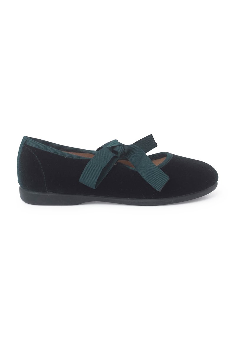 Ballerine in velluto nero con un fiocco in raso teal sulla parte anteriore. Presentano una punta arrotondata e una suola piatta in gomma per un comfort ottimale.