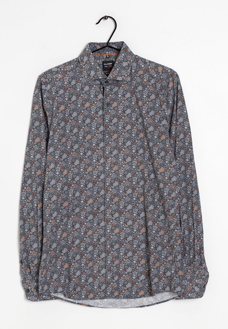 Camicia a maniche lunghe realizzata in tessuto grigio con un intricato motivo circolare arancione e blu. Include un colletto classico e chiusura con bottoni.
